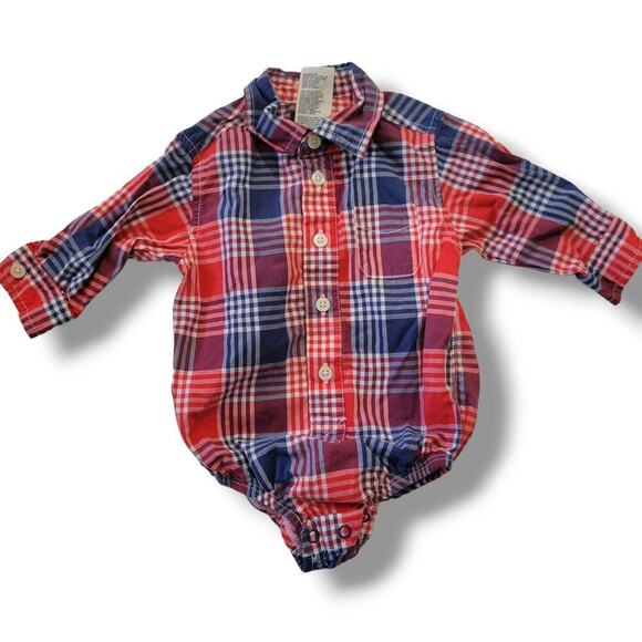 Oshkosh B'gosh baby boy button-down plaid long sleeves collared bodysuit shirt - Picture 1 of 7